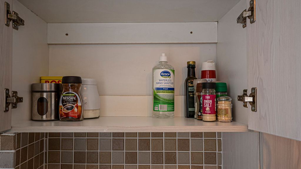 A shelf in the Rainbow Apartment.