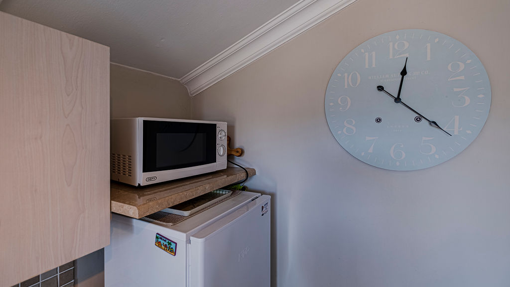 The fridge and microwave oven at the Rainbow Apartment.